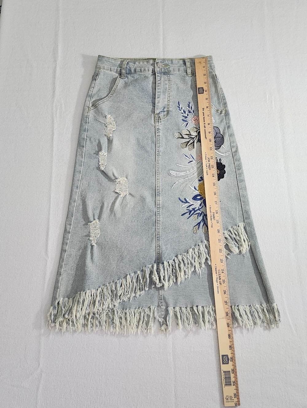 Boho Fringe Embroidered Denim Midi Skirt Western Festival Size S - Picture 7 of 12